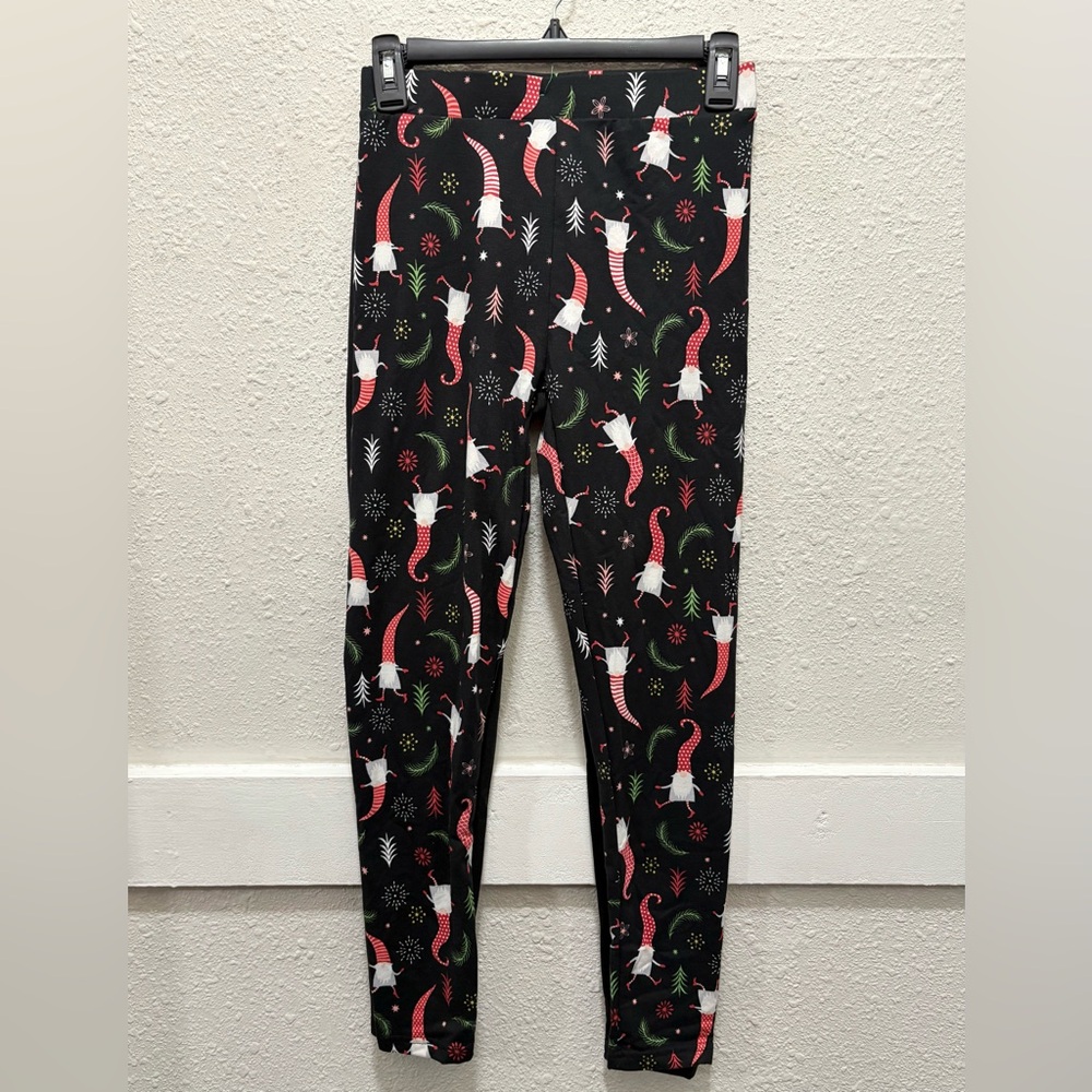 Kapion Soft & Comfy Christmas Holiday Gnomes & Solid Black Leggings 2 Pack S/M